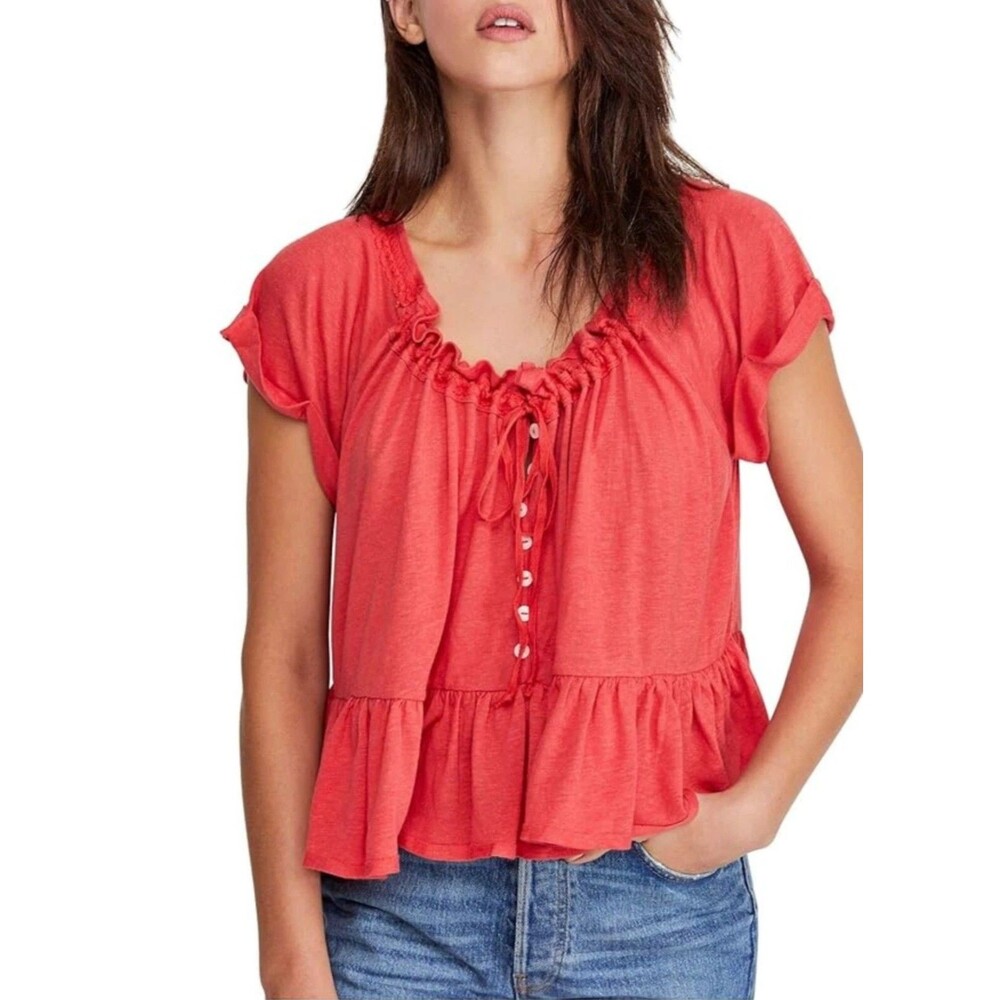 FREE PEOPLE Women's Boho short-sleeve Camelia Red Ruffle Babydoll Shirt Top - L